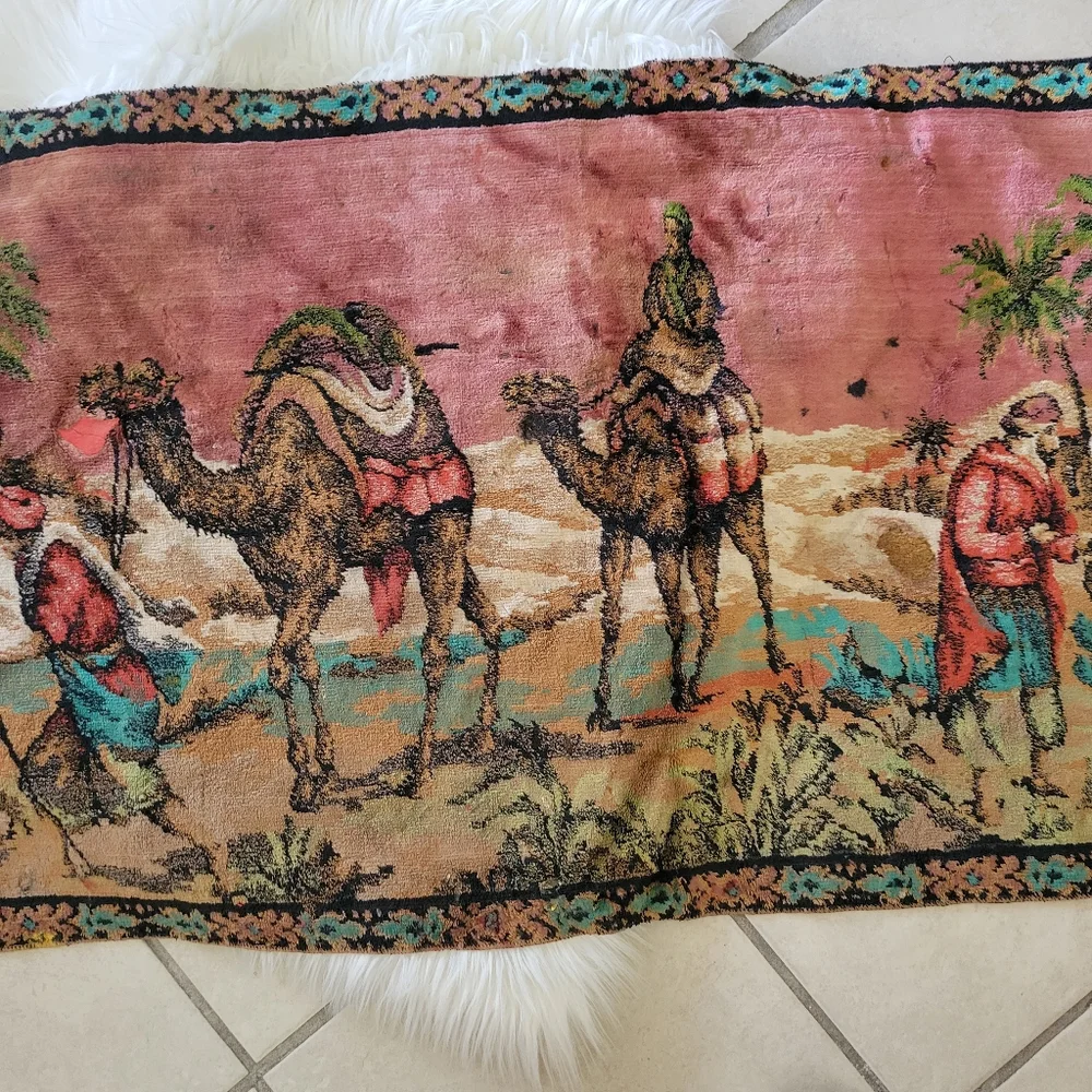 Vintage Tapestry with Camels and Desert Scene